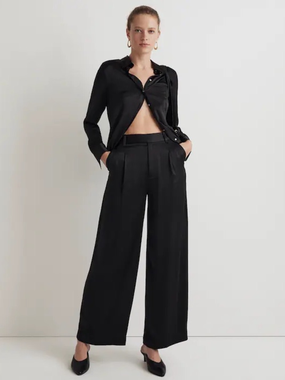Madewell The Harlow Satin Pleated Wide Leg Pants Size 8 Black High Rise NWOT
